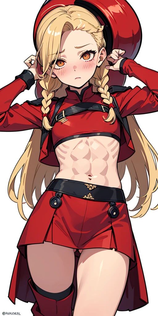 masterpiece, best quality, showing strong abs, military boots, shy 🤭 facial expressions, red cheeks blushed 😊, Altas, 1girl, Cammy branco, twin braids, cabelos longos, blonde hair, cabelo da antena, boina vermelha, (Red Head Outfit:1.3), olhos azuis, cicatriz na bochecha, malha verde, seios grandes, Mangas, luvas vermelhas, luvas sem dedos, camuflar, cowboy shot, Standing, fundo simples, flat background