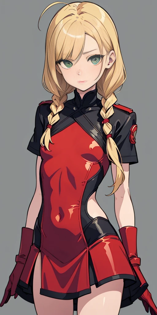 master part, best quality, Altas, 1girl, Cammy branco, twin braids, cabelos longos, blonde hair, cabelo da antena, boina vermelha, (Red Head Outfit:1.3), olhos azuis, cicatriz na bochecha, malha verde, seios grandes, Mangas, luvas vermelhas, luvas sem dedos, camuflar, cowboy shot, Standing, fundo simples, flat background