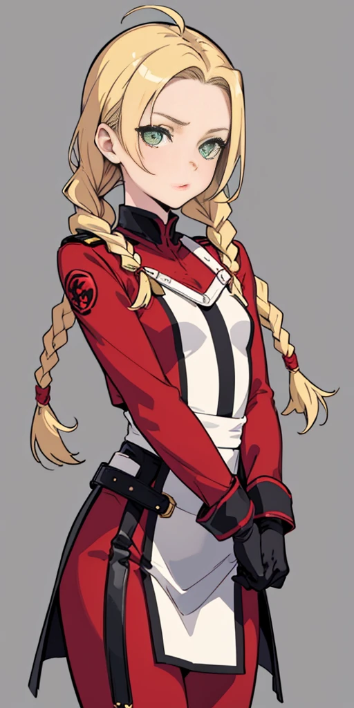 master part, best quality, Altas, 1girl, Cammy branco, twin braids, cabelos longos, blonde hair, cabelo da antena, boina vermelha, (Red Head Outfit:1.3), olhos azuis, cicatriz na bochecha, malha verde, seios grandes, Mangas, luvas vermelhas, luvas sem dedos, camuflar, cowboy shot, Standing, fundo simples, flat background