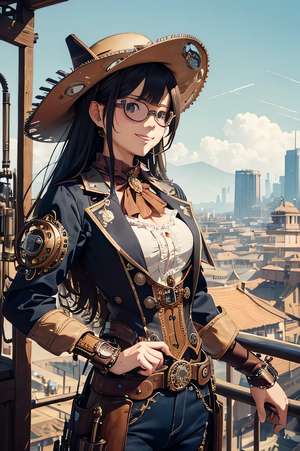 (cowboy shot, top quality,),8k, flat color: 0.8, dynamic angle, 1 girl, smile,slender body,(highly decorative and intricate mechanical steampunk fashion, lace flare dolphin hat, goggles 1.5, mechanical background, cogwheel background, finely mechanized steampunk cityscape 1.5),