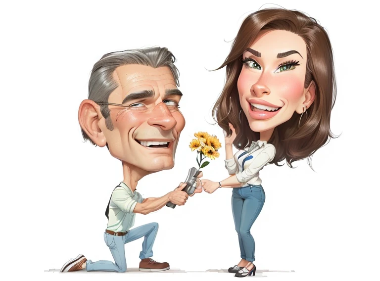 SexyToon, 8K, cartoon of a man giving a woman a flower, caricature illustration, caricature, caricature, in cartoon style, caricature style, caricature!!!, caricature, by Hugh Hughes, realistic cartoon, cartoon portrait, drawing animated art, detailed cartoon, by Roy Dalgarno, by Elena Guru, commissioned, by Joe Stefanelli, cartoon, cartoon drawing, cartoon image