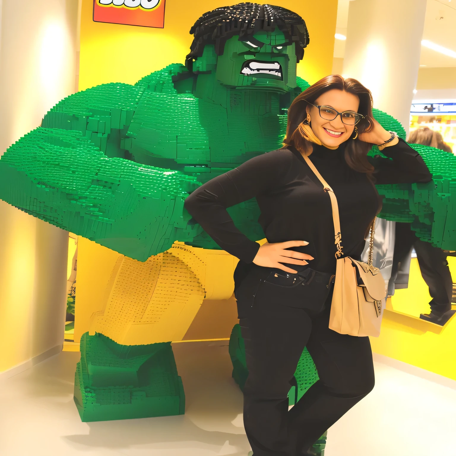 A beautiful Brazilian woman with white skin, dark brown hair of medium length, loose hair, wearing glasses, wearing black jeans, a black sweater with a black collar, a beige bag hanging on her shoulder, poses with a life-size LEGO Hulk statue, with her hand on her hip and a smile, posing in front of a lego hulk statue, lego, hulk, she hulk, she - hulk, hulk, lego character, in a threatening pose, She is wearing a black tank top and black jeans, holding a brown bag on her shoulder and smiling broadly at the camera. The background is well lit, suggesting an indoor environment like a store or exhibition. The Hulk is muscular and fierce, embodying the personality of the comic book character. Both are against a vibrant yellow background that contrasts with their dark outfits. She is around 40 years old, 162 cm tall and weighs 56 kg. Her body exudes glamor and her face is a definition of beauty. Slender body, thin waist. Highly realistic, hyperrealism, very elaborate skin, high quality photo. Sharp Photo, High Resolution, High Quality, Masterpiece, 16K Photo, Sharp Photo, High Contrast, Masterpiece, (Photographically Realistic), NUDE, NUDITY, NFSW.