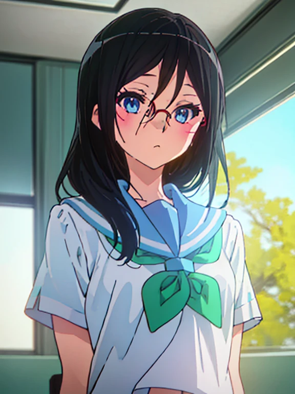 best quality, masterpiece, highres, solo, {tanaka_asuka_soundeuphonium:1.15}, black_hair, long_hair, glasses, blue_eyes, blush, red-framed_eyewear, serafuku, over-rim_eyewear, semi-rimless_eyewear, closed_mouth, hair_between_eyes, 1girl, green_neckerchief, kitauji_high_school_uniform, neckerchief, sailor_collar, school_uniform, shirt, white_shirt, blue_sailor_collar, looking_at_viewer, indoors, bangs