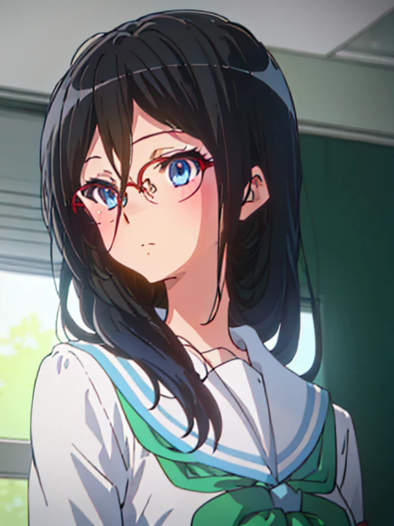 best quality, masterpiece, highres, solo, {tanaka_asuka_soundeuphonium:1.15}, black_hair, long_hair, glasses, blue_eyes, blush, red-framed_eyewear, serafuku, over-rim_eyewear, semi-rimless_eyewear, closed_mouth, hair_between_eyes, 1girl, green_neckerchief, kitauji_high_school_uniform, neckerchief, sailor_collar, school_uniform, shirt, white_shirt, blue_sailor_collar, looking_at_viewer, indoors, bangs