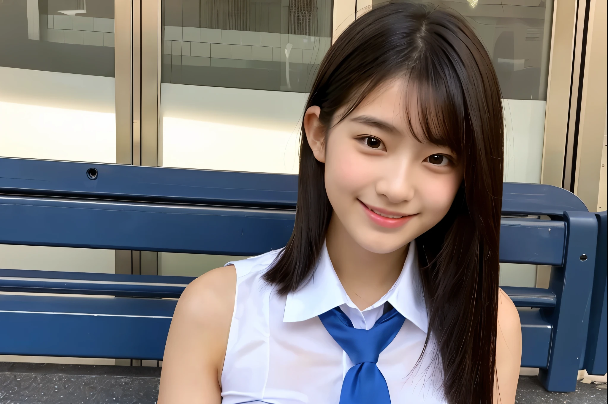 Neat and clean schoolgirl、Outside the field、(Slimed)、Photorealsitic、detaileds, Skin Texture, ultra-detailliert、Delicate and sexy collarbone、A smile、Super Detailed Face、Detailed lips、A detailed eye、tiny chest、Smaller chest、small tit、Small、flat breast、Chest emphasis、Bright face、((is standing、Schoolgirl Uniform、White panties are visible from the skirt、Sheer white shirt、Navy blue ribbon at the collar、Dark blue pleated micro mini、slightly lift the hem of the skirt with both hands,,,,,,,,,,,,))