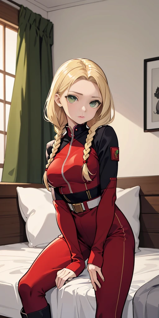master part, best quality, Altas, 1girl, Cammy branco, twin braids, cabelos longos, blonde hair, cabelo da antena, boina vermelha, (Red Head Outfit:1.3), olhos azuis, cicatriz na bochecha, malha verde, seios grandes, Mangas, luvas vermelhas, luvas sem dedos, camuflar, cowboy shot, Standing, fundo simples, sitting on bed, military boots bootstraps