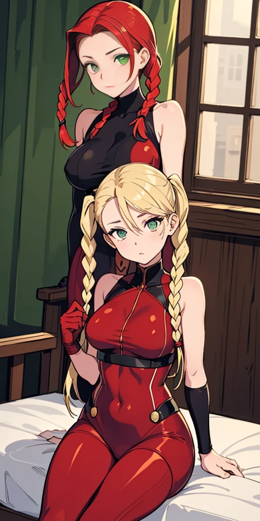 master part, best quality, Altas, 1girl, Cammy branco, twin braids, cabelos longos, blonde hair, cabelo da antena, boina vermelha, (Red Head Outfit:1.3), olhos azuis, cicatriz na bochecha, malha verde, seios grandes, Mangas, luvas vermelhas, luvas sem dedos, camuflar, cowboy shot, Standing, fundo simples, sitting on bed, military boots bootstraps