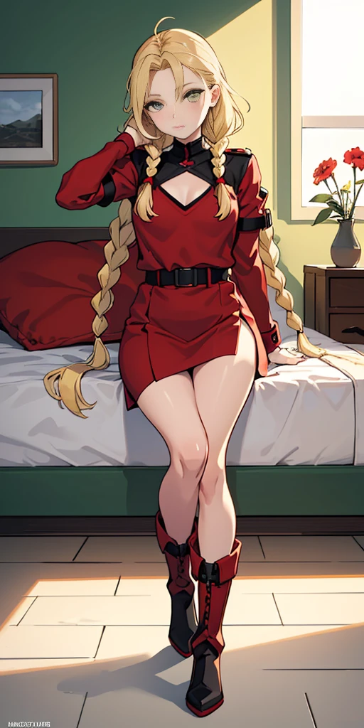 master part, best quality, Altas, 1girl, Cammy branco, twin braids, cabelos longos, blonde hair, cabelo da antena, boina vermelha, (Red Head Outfit:1.3), olhos azuis, cicatriz na bochecha, malha verde, seios grandes, Mangas, luvas vermelhas, luvas sem dedos, camuflar, cowboy shot, Standing, fundo simples, sitting on bed, military boots bootstraps