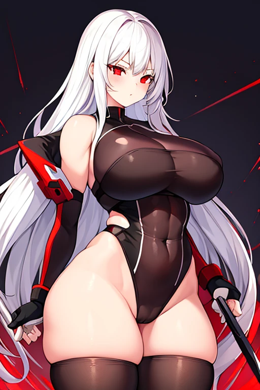 1girl, white hair, long hair, red eyes, serious, glowing eyes, large breasts, thick thighs, mature female, athletic female, toned, leotard, black leotard, thighhighs, belt, knife