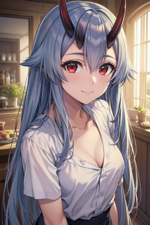 tomoe gozen, 1person, red eyes, cute smile, hair between eyes, silver hair, very long hair, oni horns, looking at viewer, open blouse, small cleavage, skirt, (best quality,4k,8k,highres,masterpiece:1.2),ultra-detailed,(realistic,photorealistic,photo-realistic:1.37),torino style,vivid colors,professional,HDR,UHD,studio lighting,ultra-fine painting,sharp focus,physically-based rendering,extreme detail description