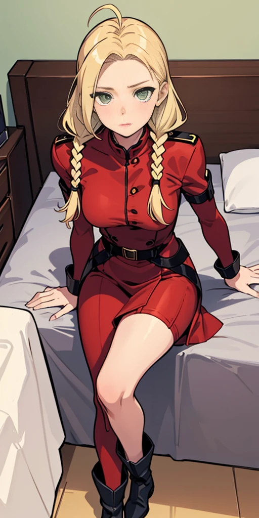 master part, best quality, Altas, 1girl, Cammy branco, twin braids, cabelos longos, blonde hair, cabelo da antena, boina vermelha, (Red Head Outfit:1.3), olhos azuis, cicatriz na bochecha, malha verde, seios grandes, Mangas, luvas vermelhas, luvas sem dedos, camuflar, cowboy shot, Standing, fundo simples, sitting on bed, military boots bootstraps