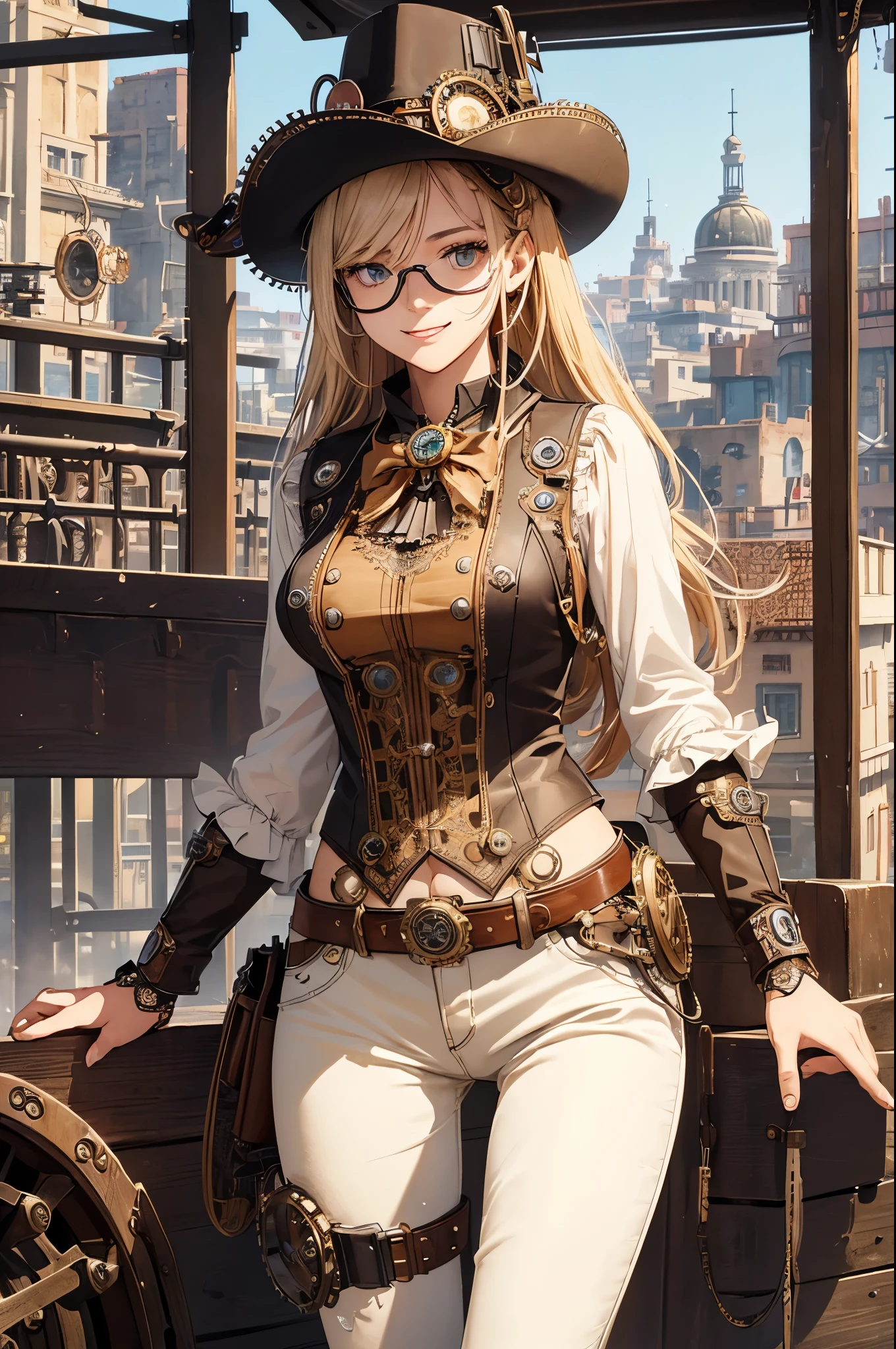 (cowboy shot, top quality,),8k, flat color: 0.8, dynamic angle, 1 girl, smile,slender body,(highly decorative and intricate mechanical steampunk fashion, lace flare dolphin hat, goggles 1.5, mechanical background, cogwheel background, finely mechanized steampunk cityscape 1.5),