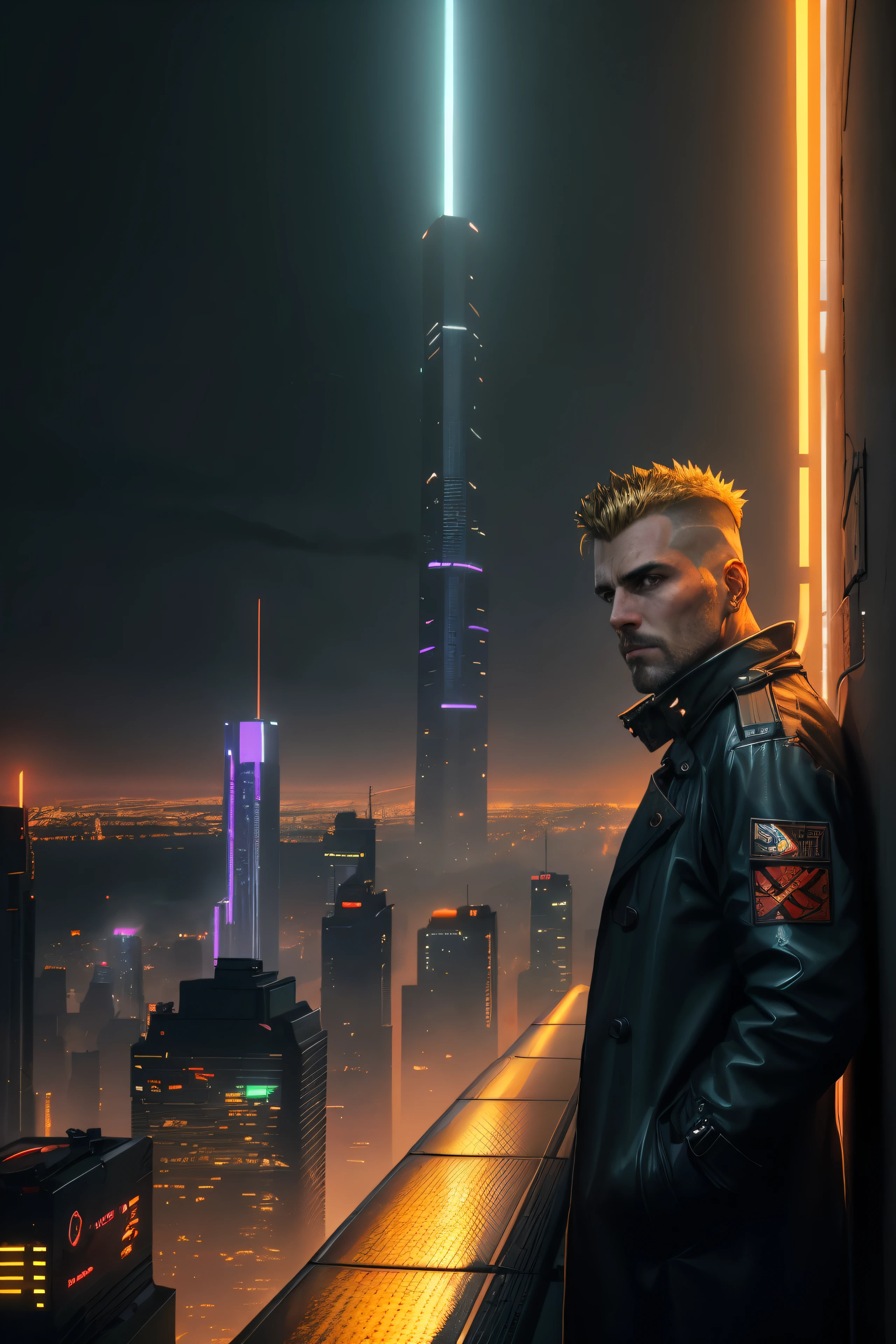 A man, cyberpunk, 45 years old, brown eyes, blonde hair, shaved on the sides, combed back, unshaven, wearing a dark trench coat with the collars turned up. Hands in his pockets, He is on top of a building watching the skyline at night of the cyberpunk city below in the background. He is leaning against the parapet of a building, Background futuristic cyberpunk make it realistic, Blade Runner, A super technological city with tall buildings, Buildings illuminated with colored lights, fundo escuro,8k, ultra hd