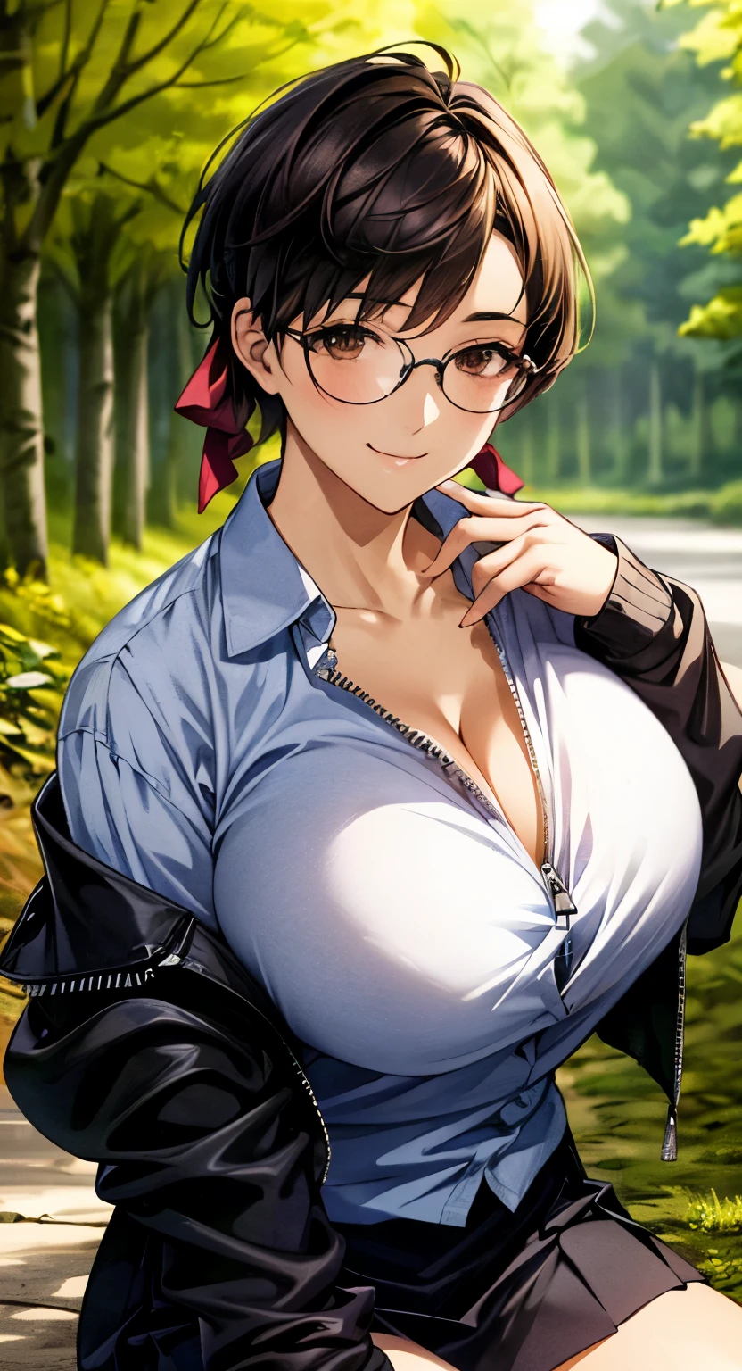 (masterpiece:1.2, top-quality), (realistic, photorealistic:1.4), beautiful illustration, (natural side lighting, movie lighting), ,
looking at viewer, 1 girl, japanese, perfect face, cute and symmetrical face, shiny skin, (((gigantic braests))), (raise the hem of one's skirt)), wear silver frame glasses,
(short hair, pixie cut, disheveled hair, brown hair), brown eyes, long eye lasher, (large breasts, thick thighs), headband
beautiful hair, beautiful face, beautiful detailed eyes, beautiful clavicle, beautiful body, beautiful chest, beautiful thigh, beautiful legs, beautiful fingers,
button down shirt, ((blue checked shirt, unbuttoned shirt, opened brown zipper jacket)), leather jacket, red and black skirt, hair ribbon,
(beautiful scenery), morning, (village, trees), standng, (smile),