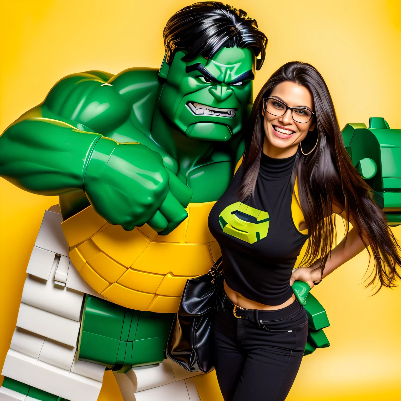 A beautiful Brazilian woman with white skin, dark brown hair of medium length, loose hair, wearing glasses, wearing black jeans, a black sweater with a black collar, a beige bag hanging on her shoulder, poses with a life-size LEGO Hulk statue, with her hand on her hip and a smile, posing in front of a lego hulk statue, lego, hulk, she hulk, she - hulk, hulk, lego character, in a threatening pose, She is wearing a black tank top and black jeans, holding a brown bag on her shoulder and smiling broadly at the camera. The background is well lit, suggesting an indoor environment like a store or exhibition. The Hulk is muscular and fierce, embodying the personality of the comic book character. Both are against a vibrant yellow background that contrasts with their dark outfits. She is around 40 years old, 162 cm tall and weighs 56 kg. Her body exudes glamor and her face is a definition of beauty. Slender body, thin waist. Highly realistic, hyperrealism, very elaborate skin, high quality photo. Sharp Photo, High Resolution, High Quality, Masterpiece, 16K Photo, Sharp Photo, High Contrast, Masterpiece, (Photographically Realistic), NUDE, NUDITY, NFSW.