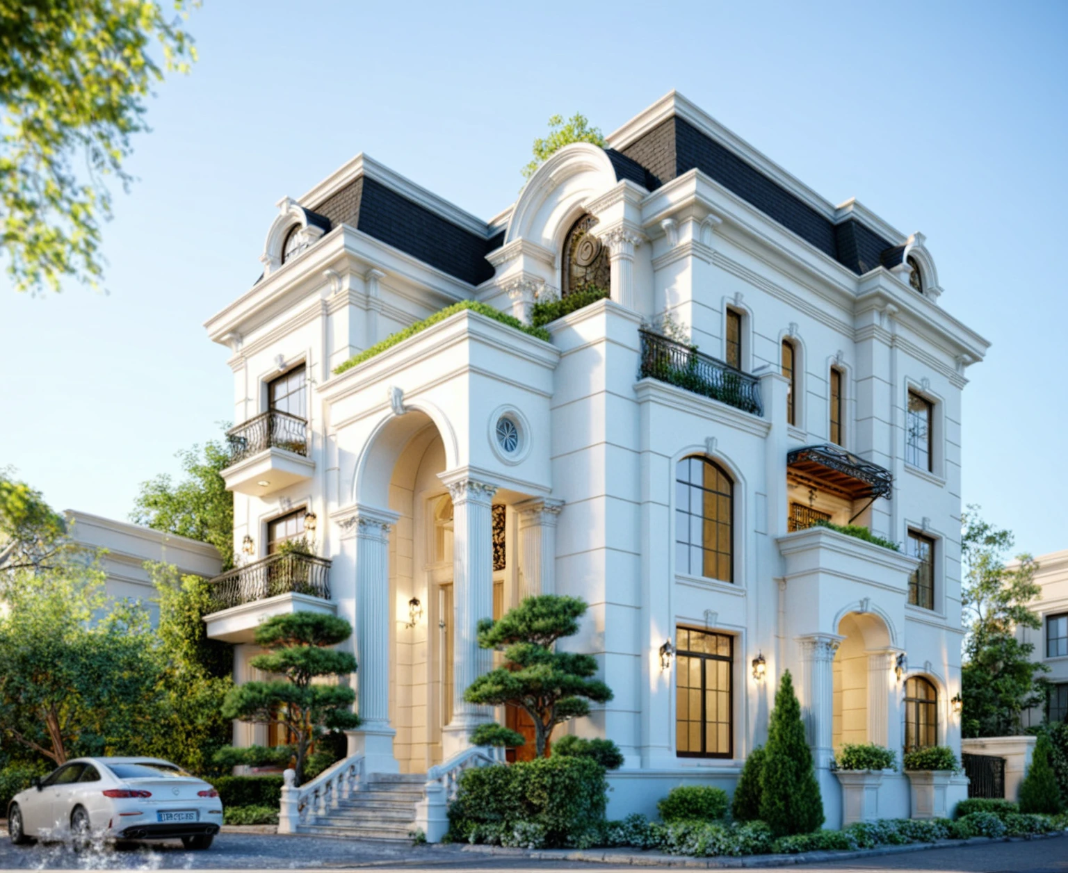 neoclassic house, exterior design, (white wall:1.2), (cornice details, neoclassical relief details), (iron gate), (reflection glass Tree shadow scattering), window, (focus on object), (Neutral lighting is suitable for the neoclassic house, light color thermometer lighting), (architectural design visualization), (focus on object), (material normal bump real reflection), (scattered light), (light ray), (multi-beam light), (sunbeam) (multi-level reflection), (chao vantage software visualization render),(((Best Quality))), ((Masterpiece)), ((best illustration)), ((best shadows)), ((Super Detail)), (Intricate lines), (Photorealism),(hyper detail), ((archdaily)), ((award winning design)), (dynamic light), ((dawn sun light )), (perfect light), (shimering light), ((photorealistic)), ((intricate detail)), ((extreme detail)), ((crazy detail)), ((octane render)), ((trending on artstation)), ((High-fidelity)), ((Viwvid)), ((Crisp)), ((Bright)), ((Stunning)), ((Eye-catching)), ((High-quality)),((Sharp))((Bright)), ((Stunning)), ((natural sun environment)), ((Eye-catching)), ((Illuminating)), ((Flawless)), ((High-quality)),((Sharp edge render)), ((medium soft lighting)), ((photographic render)), ((detailed archviz)), ((reality environment)), (neoclassic house design architectural design facade), (neoclassic house facade roof design), (neoclassic house facade wall design), (neoclassic house facade decoration material design) (neoclassic house facade door and window design), (environmental lighting design), (neoclassic house facade lighting design), (neoclassic house front gate and fence design), (tree decoration design for neoclassic house facade), (Design lights for gate posts and fences), (neoclassic house facade railing design), (level of photo realism, depends on lighting, materials, composition, Real-Time Rendering, based on chao vantage timage rendering graphics software)