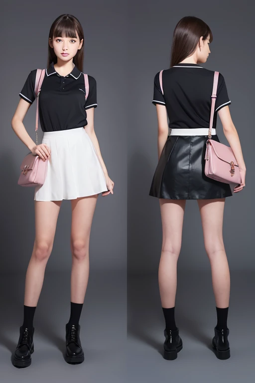 Illustration of a girl wearing a short skirt, high tecnorogy, hand bag, school satchel, Full body character sheet, Full body illustration, behance hd, Full body painting, Detailed full body concept, Official character illustration（（（）），（（night）），fashion model pose