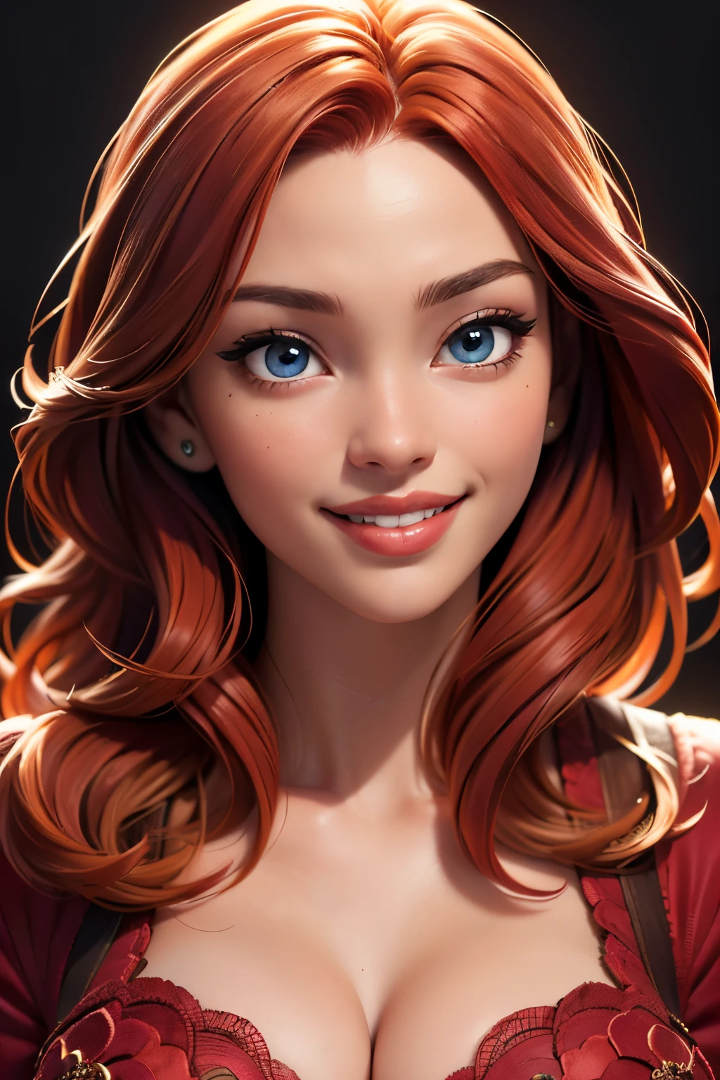 (sexy happy coy smile, red haired young woman,perfect body,posing,model, cleavage,stage,luxury hall),(oil painting),(detailed face,beautiful eyes,detailed lips),(best quality,highres:1.2),(realistic),(portrait),(vibrant colors),(soft lighting) 22 year old, happy