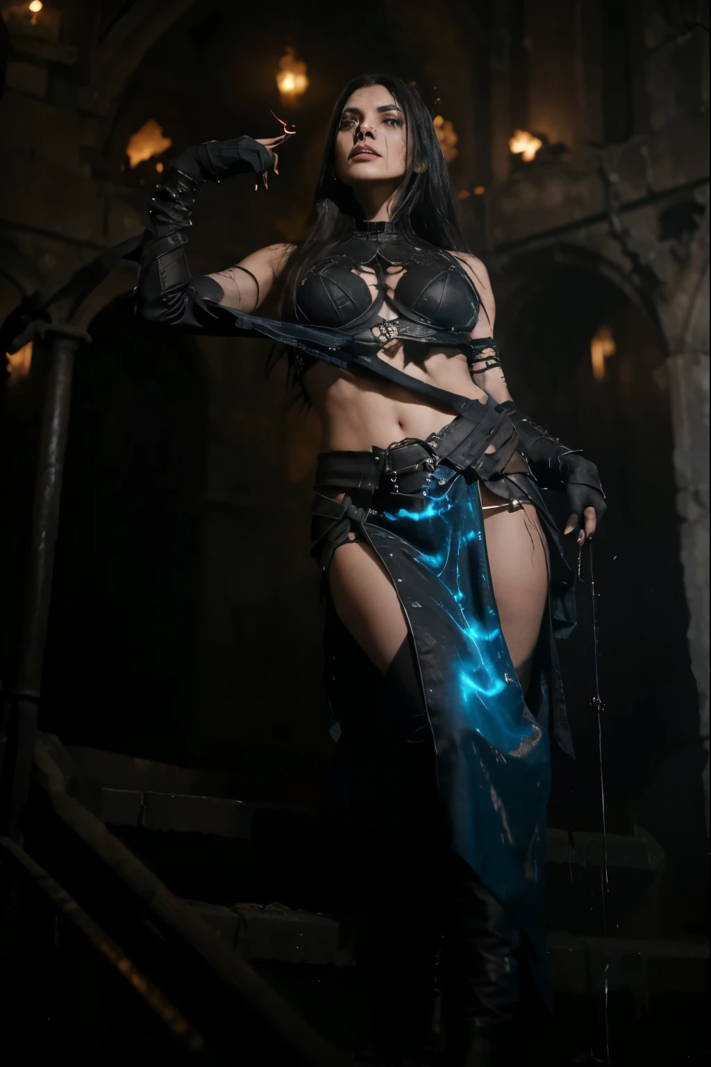 (Best quality, 8k, 32k, Masterpiece, UHD:1.2) "Envision the dark, foreboding landscape of the Netherrealm from the Mortal Kombat universe, a place of eternal torment and malevolence. The sky above is a swirling vortex of fiery reds and deep purples, constantly lit by flashes of hellish lightning. The air is thick with smoke and the acrid scent of brimstone, creating an oppressive and eerie atmosphere.

The ground is a barren wasteland of cracked, blackened earth, interspersed with pools of molten lava that bubble and spit, casting a sinister glow across the scene. Jagged rocks and twisted, barren trees dot the landscape, their forms contorted as if in eternal agony. The remnants of ancient, crumbling structures and eerie, skeletal remains are scattered throughout, hinting at a long history of violence and suffering.

In the distance, towering spires and ominous fortresses rise from the ground, their dark, gothic architecture adding to the sense of dread. These structures are adorned with grotesque statues and demonic symbols, highlighting the realm's association with dark magic and evil forces.

The environment is alive with the sounds of suffering—distant wails, growls of demonic creatures, and the relentless roar of fire and magma. Shadows flicker and dance across the desolate terrain, adding to the sense of constant, lurking danger.

In this hellish setting, the Netherrealm’s denizens—ghastly demons, tortured souls, and powerful sorcerers—roam, ready to engage in brutal combat or enact their dark wills. Capture the essence of the Netherrealm by emphasizing its oppressive atmosphere, the stark contrast between fire and darkness, and the pervasive sense of dread and eternal conflict."