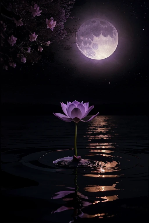 Dream painting of lotus flower, tulip flower, violet flower, black rose, cherry blossom under moonlight