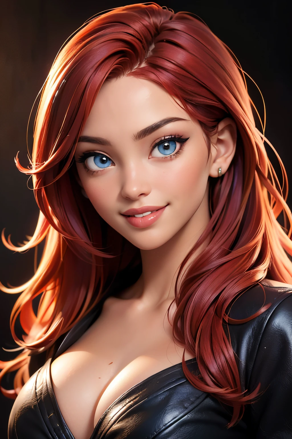 (sexy red haired young woman,perfect body,posing in unbuttoned blue mens dress shirt, ,model, cleavage,stage,luxury hall),(oil painting),(detailed face,beautiful eyes,detailed lips),(best quality,highres:1.2),(realistic),(portrait),(vibrant colors),(soft lighting) 22 year old, happy
