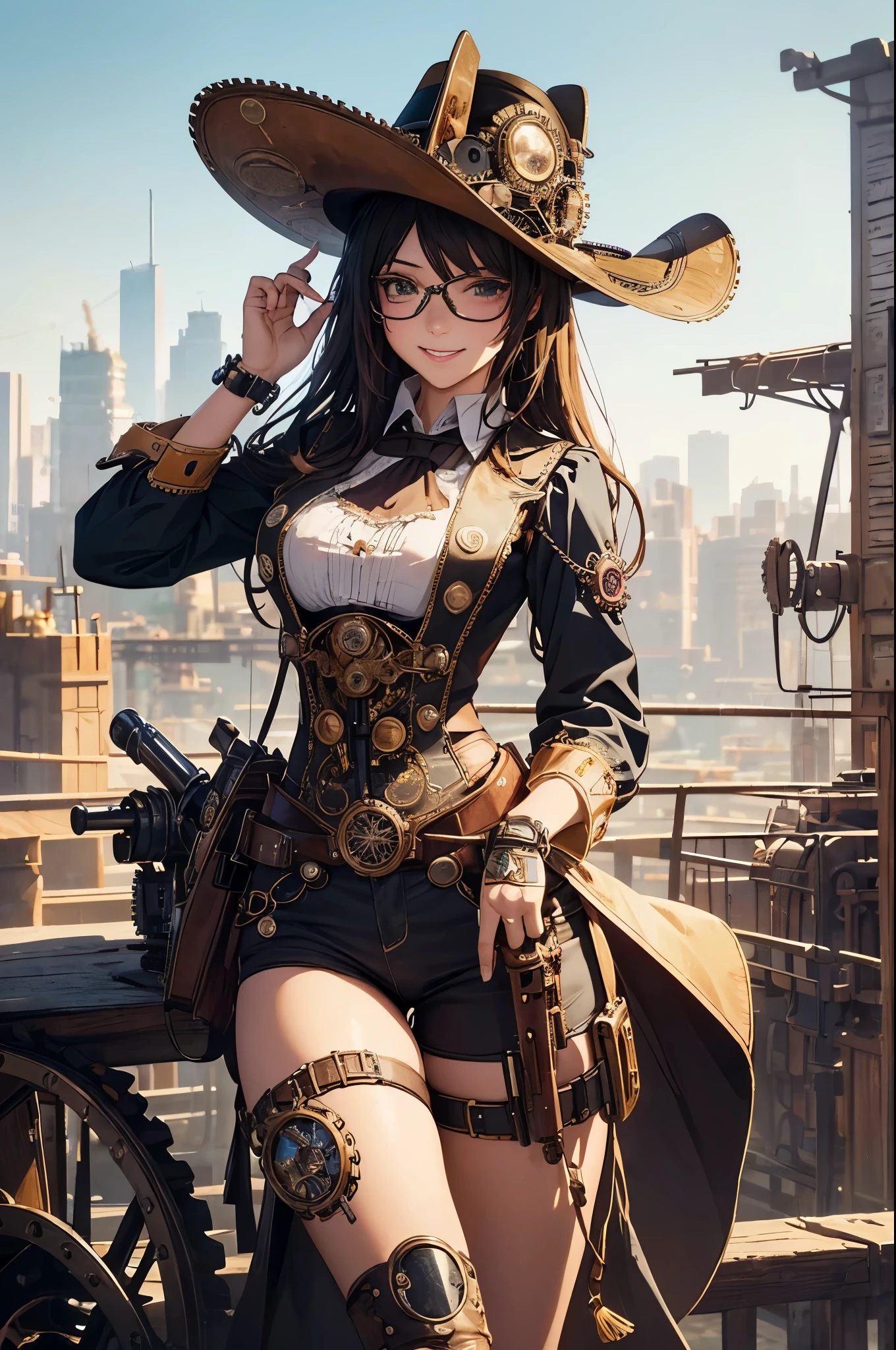 (cowboy shot, top quality,),8k, flat color: 0.8, dynamic angle, 1 girl, smile,slender body,(highly decorative and intricate mechanical steampunk fashion, lace flare dolphin hat, goggles 1.5, mechanical background, cogwheel background, finely mechanized steampunk cityscape 1.5),