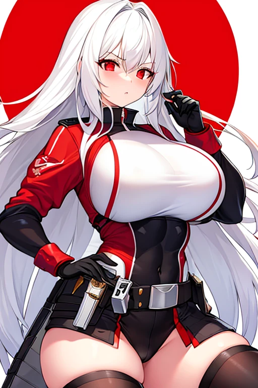 1girl, white hair, long hair, red eyes, serious, glowing eyes, large breasts, thick thighs, mature female, athletic female, toned, leotard, black leotard, thighhighs, belt, knife