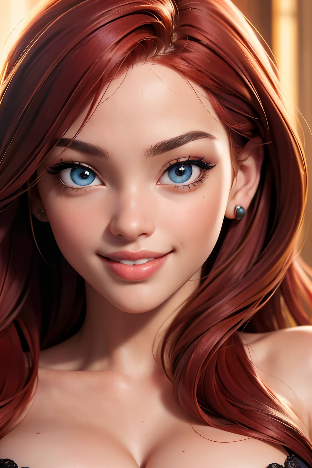 (sexy happy coy smile, red haired young woman,perfect body,posing face tolted down and eyes look8ng up directly at me, ,model, cleavage,stage,luxury hall),(oil painting),(detailed face,beautiful eyes,detailed lips),(best quality,highres:1.2),(realistic),(portrait),(vibrant colors),(soft lighting) 22 year old, happy