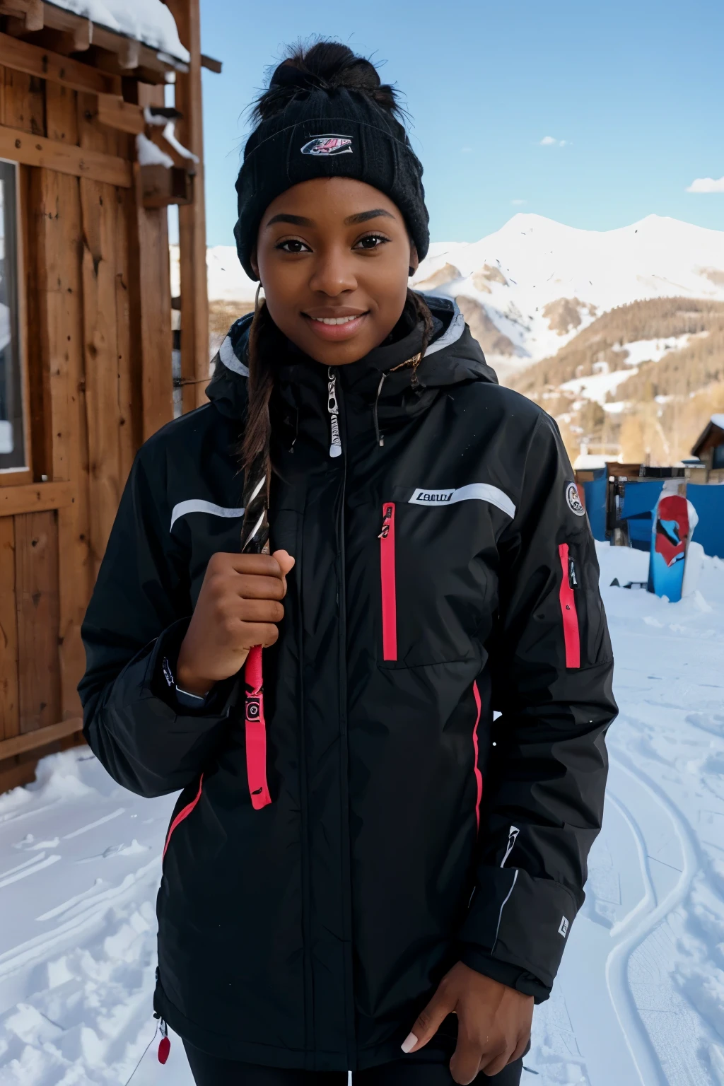 A beautiful black girl is in the ski area and has ski clothes on