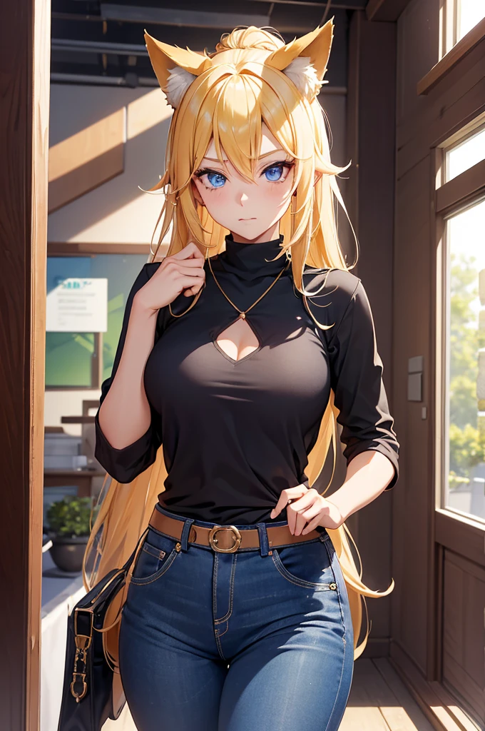masterpiece, best quality, highres, 1girl, hmriza, long hair, brown eyes, medium breasts, black shirt, tight shirt, holster, short sleeves, belt, covered navel, blue pants, <lora:riza_hawkeye_v1:0.7>, outdoors, smile, town, from above, standing,