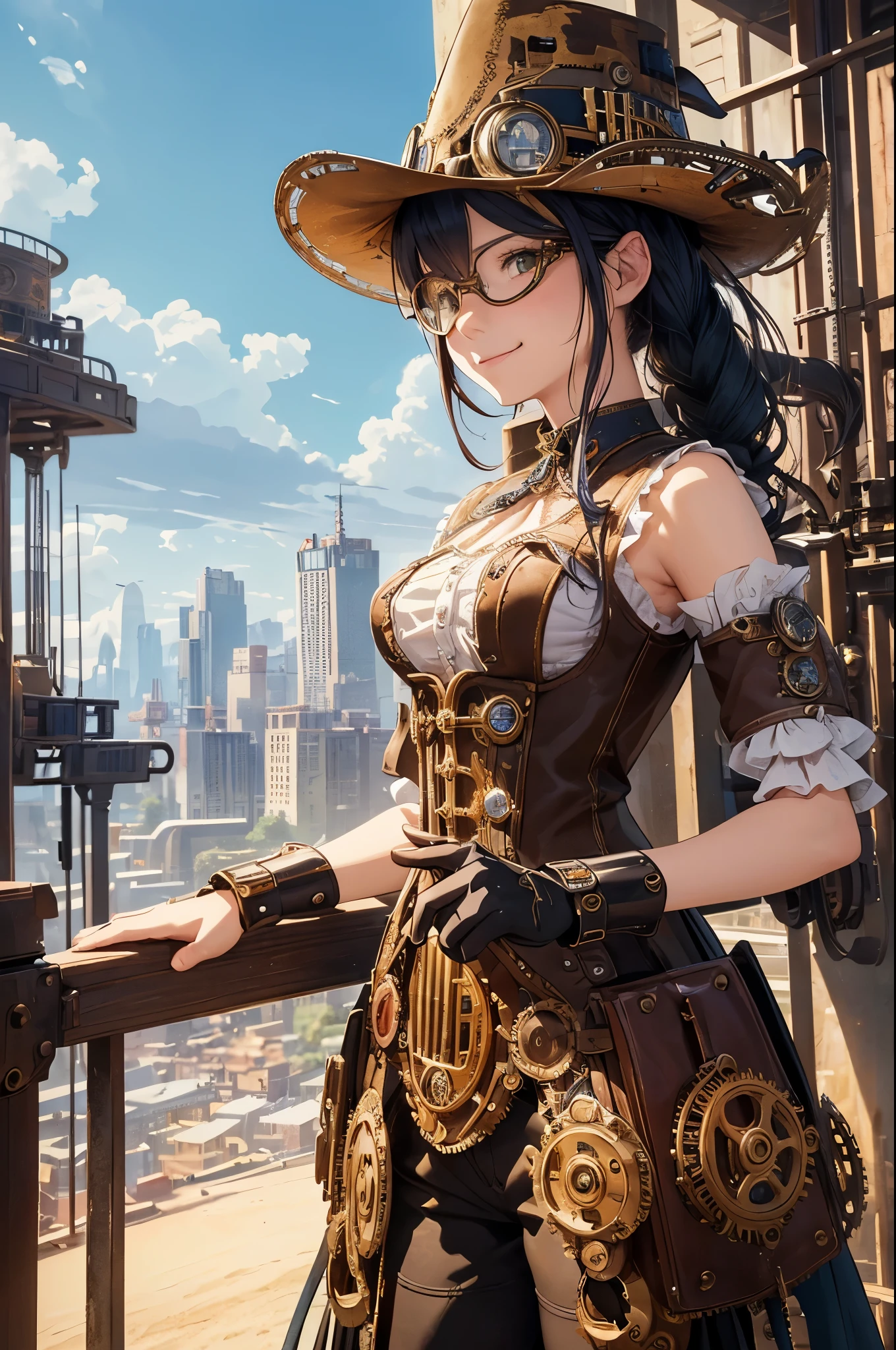 (cowboy shot, top quality,),8k, flat color: 0.8, dynamic angle, 1 girl, smile,slender body,(highly decorative and intricate mechanical steampunk fashion, lace flare dolphin hat, goggles 1.5, mechanical background, cogwheel background, finely mechanized steampunk cityscape 1.5),