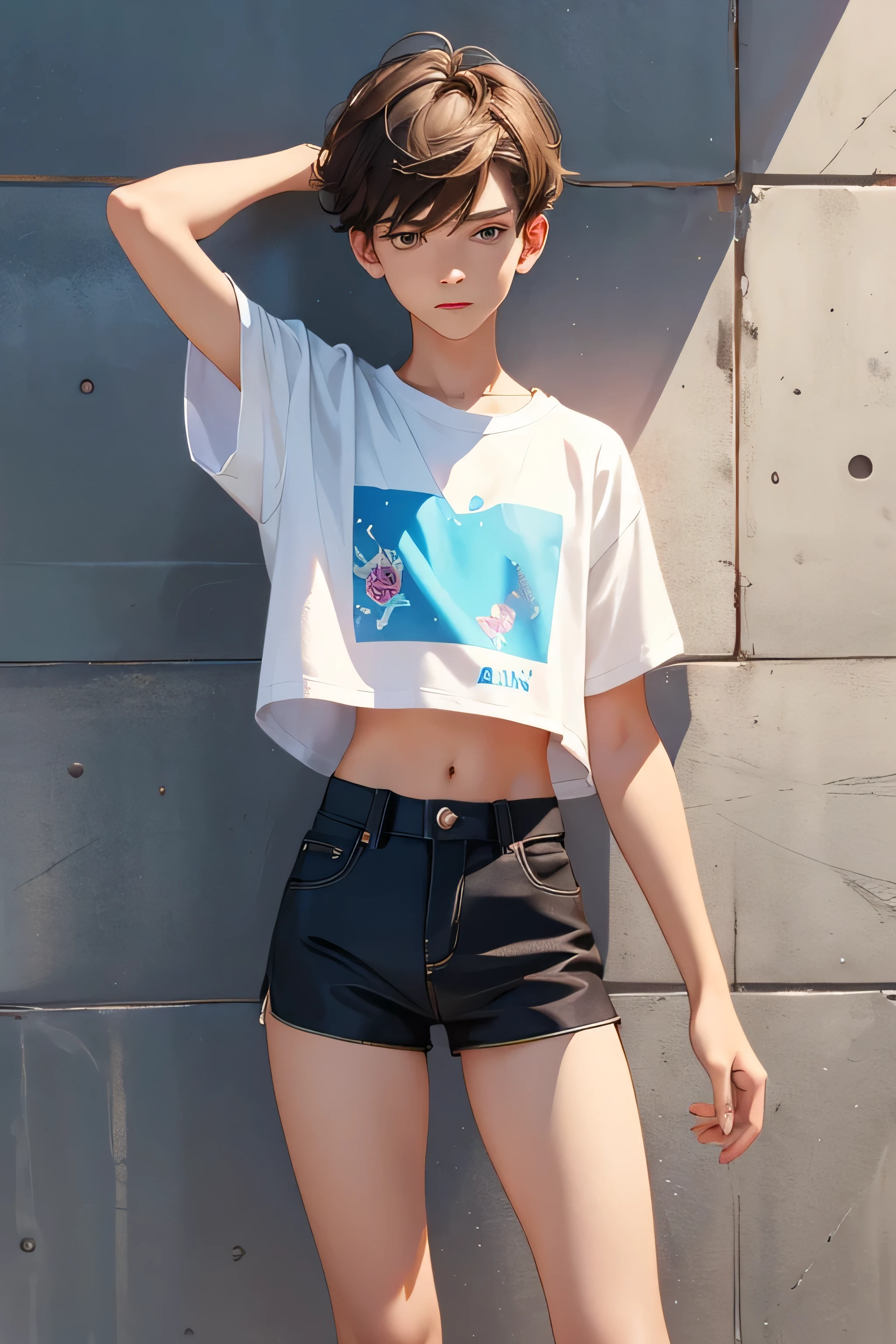 Teen boy-model 14 years old, boy wears a crop shirt and too very short mini shorts, beautiful legs, hot summer, highest quality,