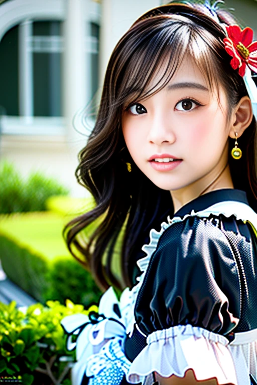(Highest quality details:1.2), Realistic, 8K Ultra HD, High resolution, Fujifilm(Medium format), Hasselblad, Carl Zeiss, Incredible dynamic range photography(utility_art:Smoose-768:1.1), (One Girl:1.2), Super detailed, High quality textures, Intricate details, detailed, Very detailed CG, High Quality Shadows, detailed Beautiful and delicate face, detailed Beautiful and delicate eyes, Depth of written boundary, Ray Tracing, 18 years old, Cute Japanese Girl, Narrow Face, Glossy lips, Glowing Eyes, Glowing Eyes, Perfect body, View the viewer, (Jewelry Earrings), (Eye Color: Brown), (Bright red flower hair ornament), (Long white hair), (Layered Hairstyles), (Classic Gothic Lolita:1.5), Fashion Model Style, Small breasts