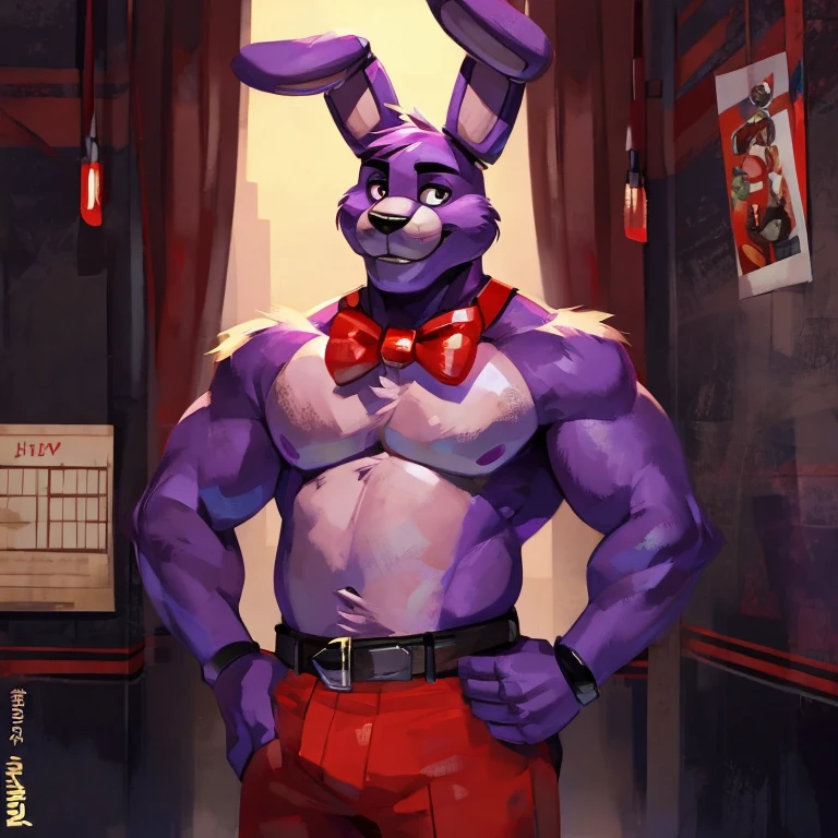 Purple rabbit from FNaF 1, Bonnie, Bonnie Rabbit, solo, male, purple rabbit, perfect nose, rabbit ears, long ears, male face, handsome, attractive, standing, red dress shirt, dark red, black pants, black belt, good anatomy, male anatomy, perfect anatomy, perfect body, nice body, posing, waist, hand on waist, Five Nights at Freddy's, By mystikfox61