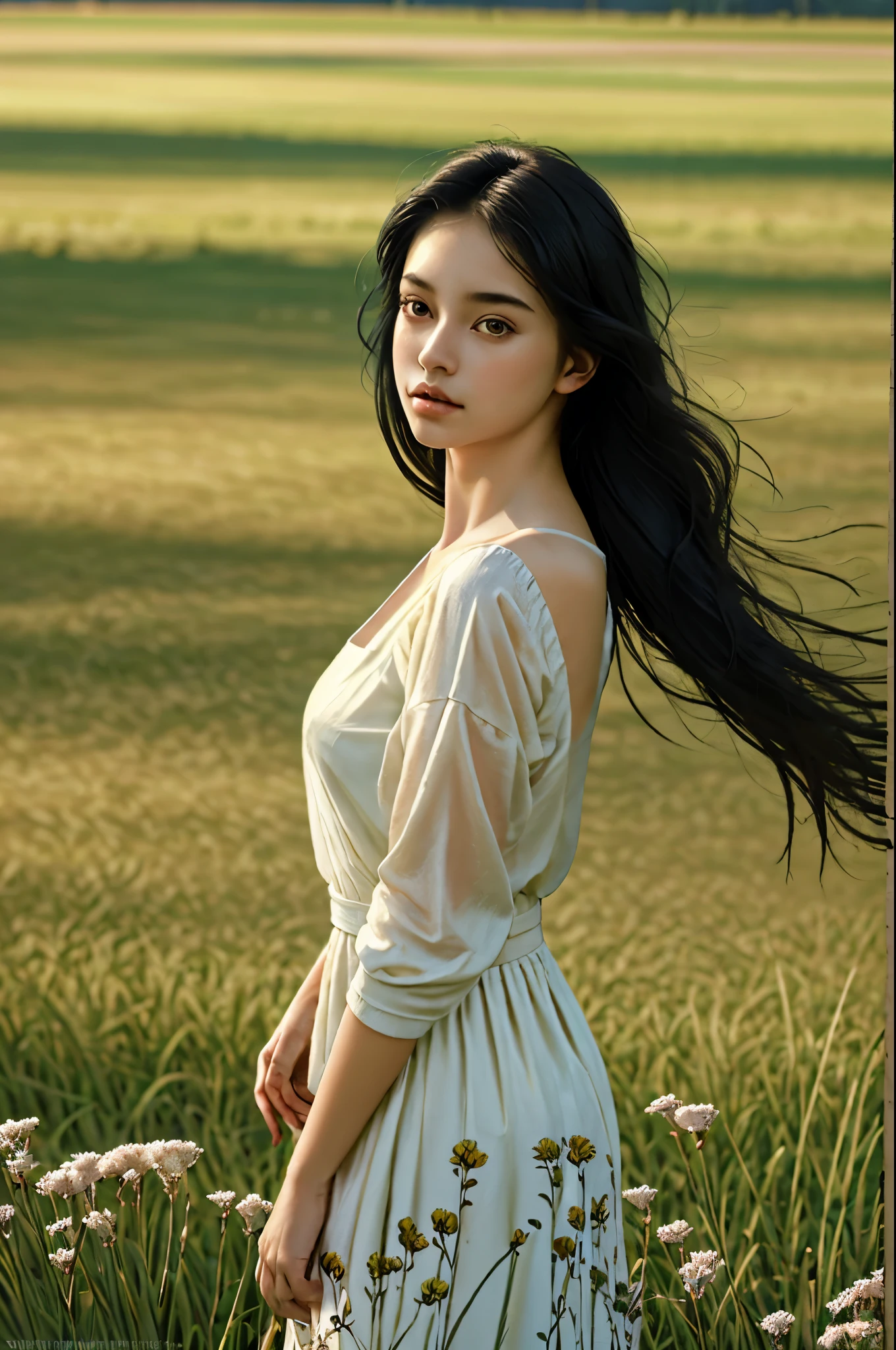 girl,fair skin,long black hair, big seios, bright brown eyes,beautiful detailed lips,stylish outfit,confident posture,standing on a grass field,natural sunlight,soft ethereal atmosphere,medium:oil painting,ultra-detailed,photorealistic,vibrant colors,vivid greenery,dainty flowers,serene expression,slight wind blowing her hair,peaceful and tranquil ambiance,painting captures the girl's grace and elegance,subtle play of light and shadow,harmonious composition,meticulous brushwork,dynamic strokes,best quality,4k,studio lighting,bathed in warm sunlight,classic portrait style,soft and delicate color tones