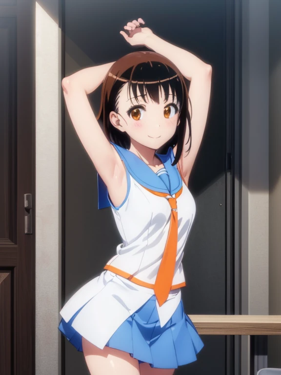 (extremely detailed CG unity 8k wallpaper), (masterpiece), (best quality), (ultra-detailed), (best illustration), (best shadow), (absurdres), 1girl, solo, onodera kosaki, , serafuku, orange tie, light blue skirt, own hands together, looking at viewer, smile, opened clothes, presenting armpit, armpit, arm up