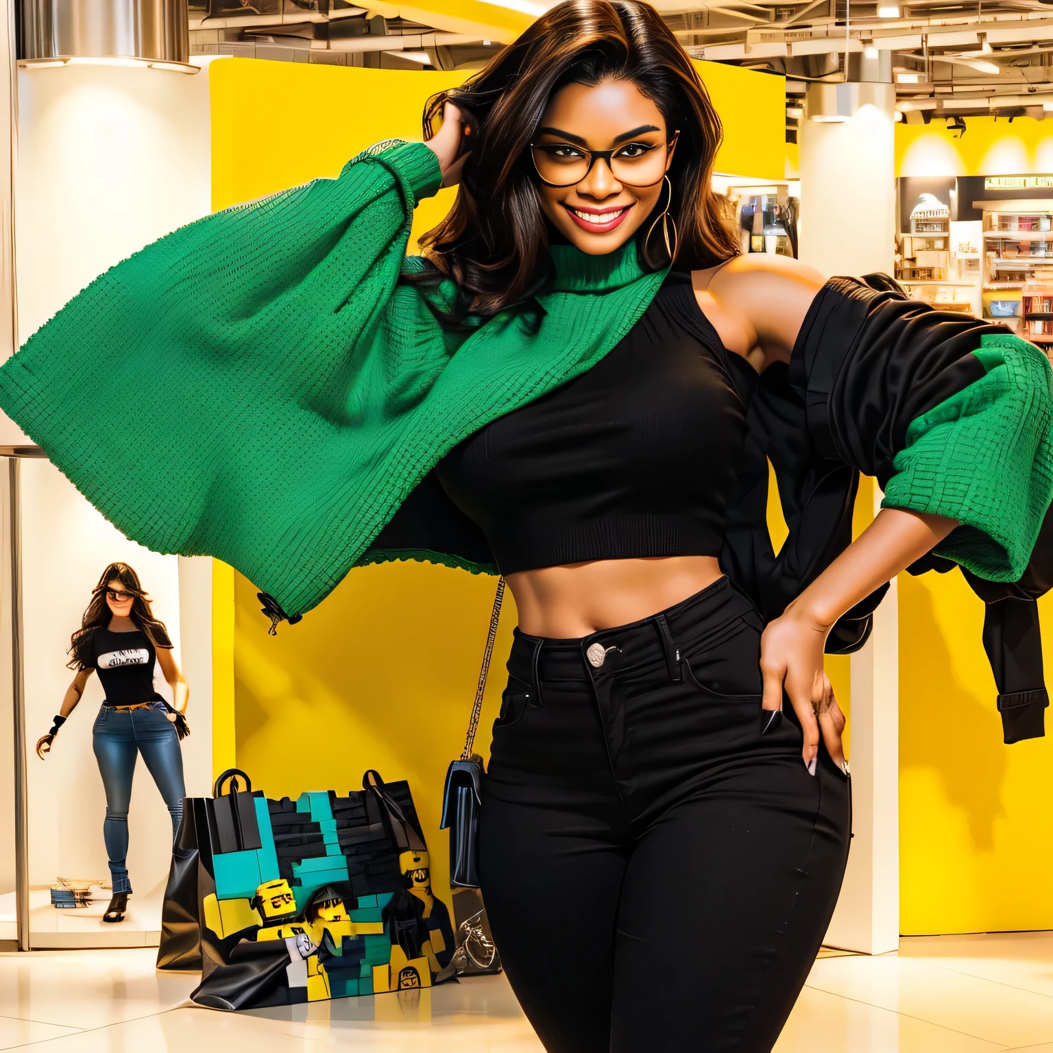 A beautiful Brazilian woman with white skin, dark brown hair of medium length, loose hair, wearing glasses, wearing black jeans, a black sweater with a black collar, a beige bag hanging on her shoulder, poses with a life-size LEGO Hulk statue, with her hand on her hip and a smile, posing in front of a lego hulk statue, lego, hulk, she hulk, she - hulk, hulk, lego character, in a threatening pose, She is wearing a black tank top and black jeans, holding a brown bag on her shoulder and smiling broadly at the camera. The background is well lit, suggesting an indoor environment like a store or exhibition. The Hulk is muscular and fierce, embodying the personality of the comic book character. Both are against a vibrant yellow background that contrasts with their dark outfits. She is around 40 years old, 162 cm tall and weighs 56 kg. Her body exudes glamor and her face is a definition of beauty. Slender body, thin waist. Highly realistic, hyperrealism, very elaborate skin, high quality photo. Sharp Photo, High Resolution, High Quality, Masterpiece, 16K Photo, Sharp Photo, High Contrast, Masterpiece, (Photographically Realistic), NUDE, NUDITY, NFSW.