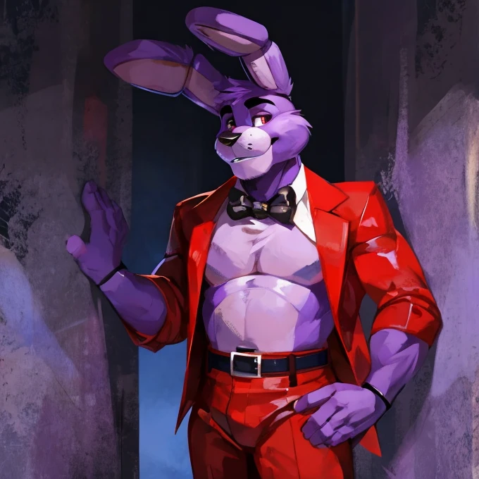 Purple rabbit from FNaF 1, Bonnie, Bonnie Rabbit, solo, male, purple rabbit, perfect nose, rabbit ears, long ears, male face, handsome, attractive, standing, red dress shirt, dark red, wine red color, black pants, black belt, good anatomy, formal clothes, posing, waist, hand on waist, Five Nights at Freddy's, By mystikfox61