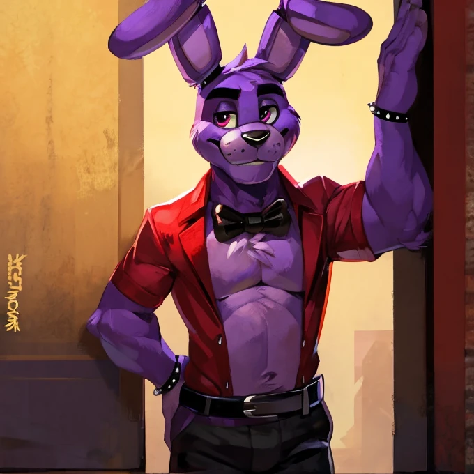 Purple rabbit from FNaF 1, Bonnie, Bonnie Rabbit, solo, male, purple rabbit, perfect nose, rabbit ears, long ears, male face, handsome, attractive, standing, red dress shirt, dark red, wine red color, black pants, black belt, good anatomy, formal clothes, posing, waist, hand on waist, Five Nights at Freddy's, By mystikfox61