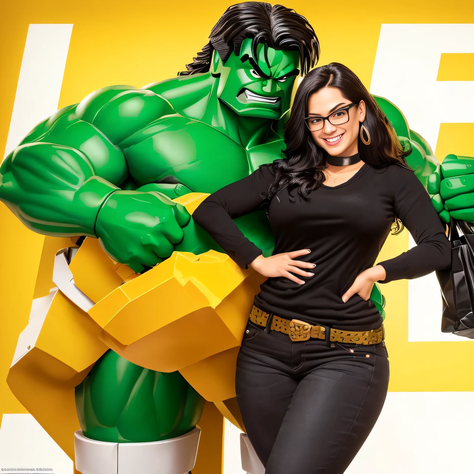 A beautiful Brazilian woman with white skin, dark brown hair of medium length, loose hair, wearing glasses, wearing black jeans, a black sweater with a black collar, a beige bag hanging on her shoulder, poses with a life-size LEGO Hulk statue, with her hand on her hip and a smile, posing in front of a lego hulk statue, lego, hulk, she hulk, she - hulk, hulk, lego character, in a threatening pose, She is wearing a black tank top and black jeans, holding a brown bag on her shoulder and smiling broadly at the camera. The background is well lit, suggesting an indoor environment like a store or exhibition. The Hulk is muscular and fierce, embodying the personality of the comic book character. Both are against a vibrant yellow background that contrasts with their dark outfits. She is around 40 years old, 162 cm tall and weighs 56 kg. Her body exudes glamor and her face is a definition of beauty. Slender body, thin waist. Highly realistic, hyperrealism, very elaborate skin, high quality photo. Sharp Photo, High Resolution, High Quality, Masterpiece, 16K Photo, Sharp Photo, High Contrast, Masterpiece, (Photographically Realistic), NUDE, NUDITY, NFSW.