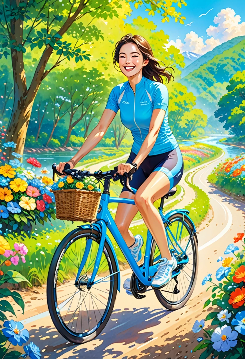 Daytime、Cycling along the lush riverbed、A woman is enjoying cycling on a sports bike。She is wearing cycling wear、Smiling as he pedaled、That looks like a lot of fun。Blue around々Tree々Colorful flowers and plants spread out、There is a fresh breeze。She enjoys cycling in the nature while feeling the breeze.、Lively