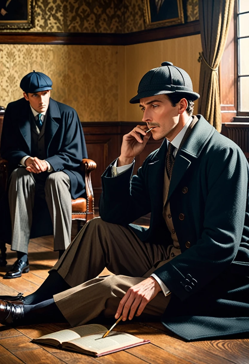 In the room in the afternoon、Sherlock Holmes stares at a man lying face down on the floor。Holmes was deep in thought.、Wearing an Inverness coat and a deerstalker hat、He is smoking a pipe in his hand.。That sharp gaze、It tells the story of a detective trying to get to the truth of the case.。In the silence of the room、Holmes's smoke drifts slowly。