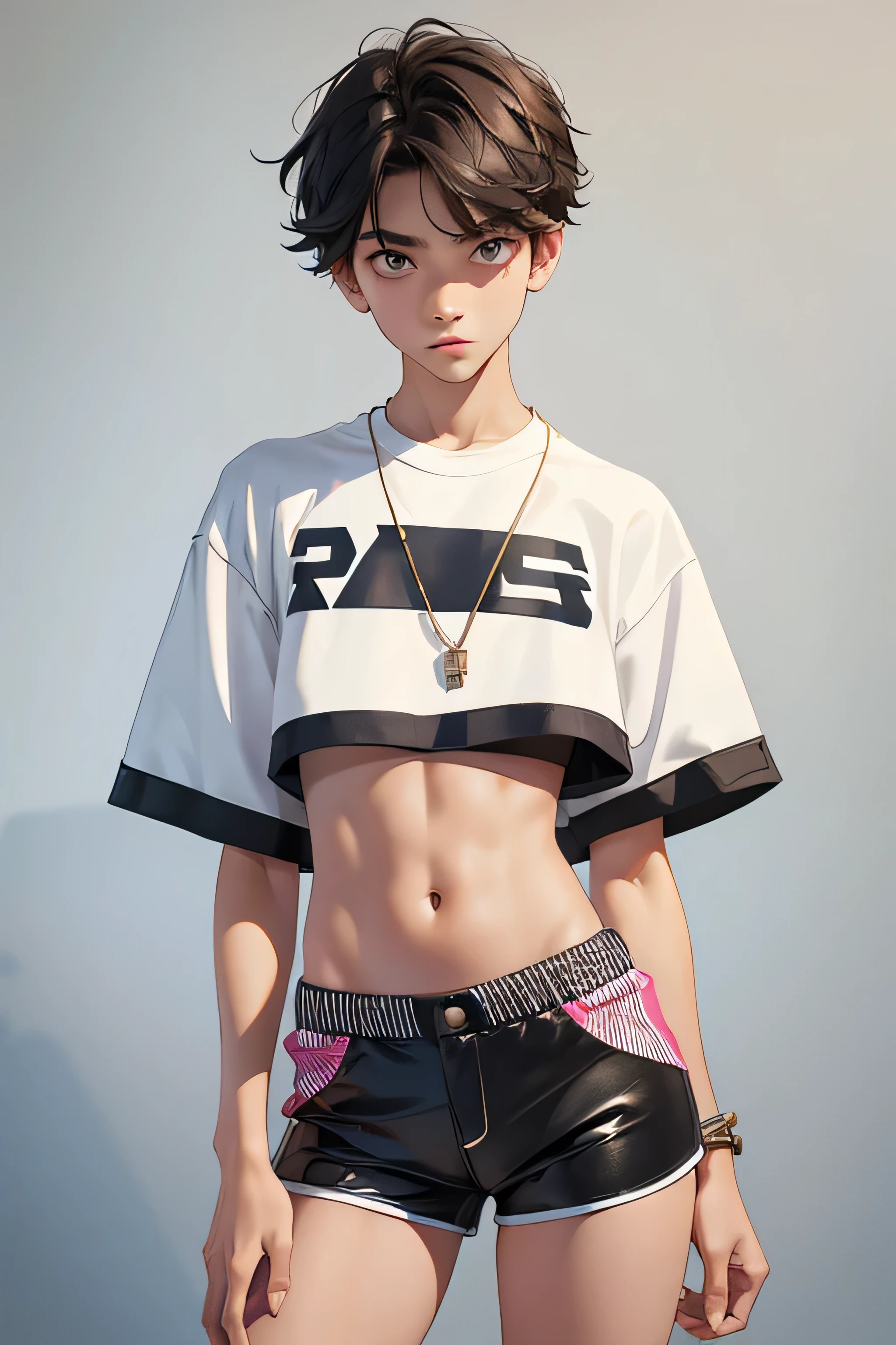 Teen boy-model 14 years old, boy wears a crop shirt and too very short mini shorts, beautiful long legs, hot summer, highest quality,
