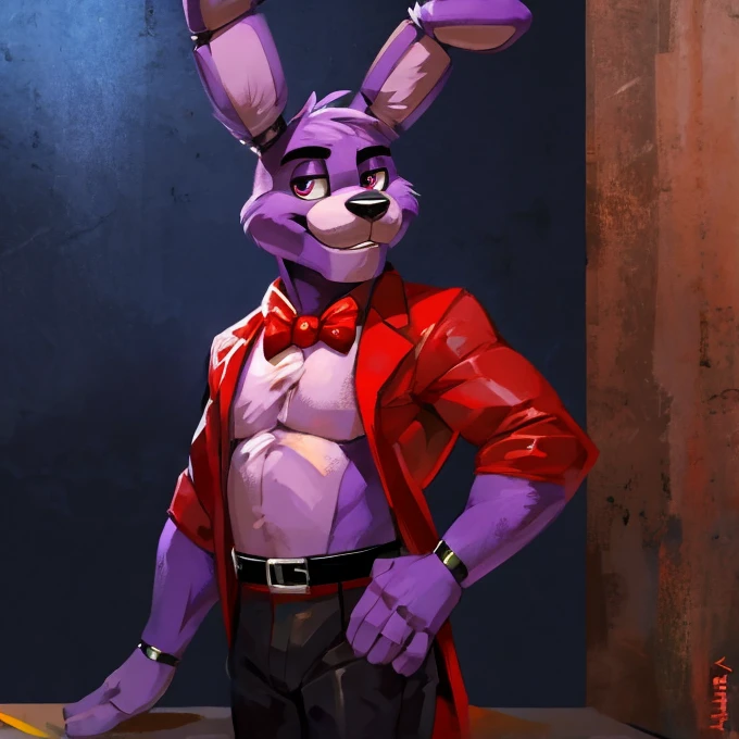 Purple rabbit from FNaF 1, Bonnie, Bonnie Rabbit, solo, male, purple rabbit, perfect nose, rabbit ears, long ears, male face, handsome, attractive, standing, red dress shirt, dark red, wine red color, black pants, black belt, formal clothes, posing, waist, hand on waist, Five Nights at Freddy's, By mystikfox61