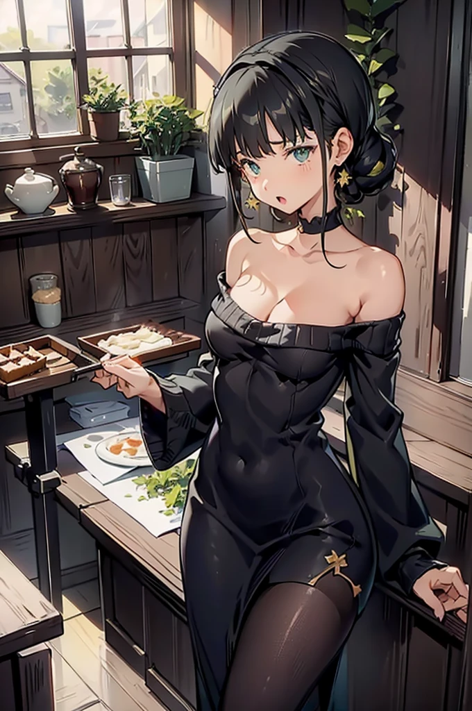 (small breasts:1.3), (perky chest:1.1), (pointed chest:1.0), (Pudding cake magazine cover:1.3),(from above:1.0),(from side:0.9),masterpiece, 1girl, Amazing Cleavage:1.1, thin waist, big ass, Raised sexy, small breast: 1.3, posed cleavage:1.2、solo, looking at viewer, open mouth, have a cute grass of cute beergrass,black hair, dark green eyes, dress, bare shoulders, jewelry, collarbone, sidelocks, hairband, earrings, indoors, off shoulder, :o, sweater, arms behind back, plant, short hair with long locks, gild hairband, off-shoulder dress, sweater dress, off-shoulder sweater, red sweater, dark gord hair, big side hair, very long side hair,is rendered in (masterpiece: 1.2, best quality), with (ultra high resolution) and an exquisite (depth of field). This masterpiece is not only visually stunning but also tells,A scene of cooking in the kitchen by classroom