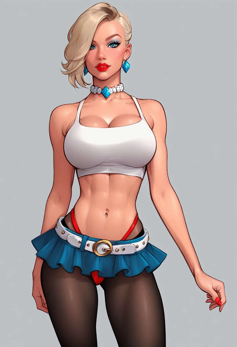 score_9, score_8_up, score_7_up, score_6_up, score_5_up, score_4_up, comic art illustration, BREAK; blonde 22 yo hottie, (asymmetrical hair-length bob haircut), platinum blonde hair, diamond earrings, diamond choker, braless see-through cropped top, large natural breasts, (sexy belt (tight) (black mini micro-skirt)), red highleg-thong cameltoe, (black tights); posing, toned thighs and legs; beach background; intricate details, detailed eyes, rating_adult, score_9, score_8_up, score_7_up