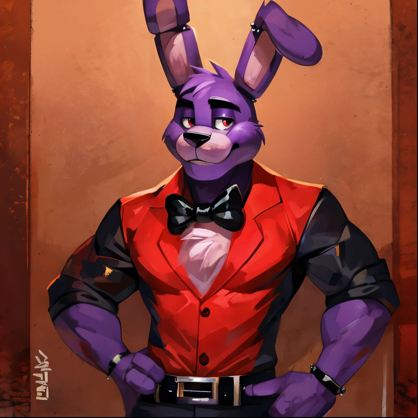 Purple rabbit from FNaF 1, Bonnie, Bonnie Rabbit, solo, male, purple rabbit, perfect nose, rabbit ears, long ears, male face, handsome, attractive, standing, red dress shirt, dark red, wine red color, black pants, black belt, formal clothes, posing, waist, hand on waist, Five Nights at Freddy's, By mystikfox61