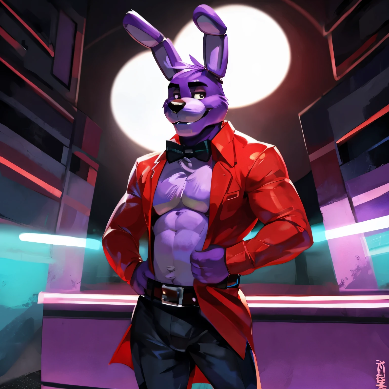 Purple rabbit from FNaF 1, Bonnie, Bonnie Rabbit, solo, male, purple rabbit, perfect nose, rabbit ears, long ears, male face, handsome, attractive, standing, red dress shirt, dark red, black pants, black belt, good anatomy, male anatomy, perfect anatomy, perfect body, nice body, posing, waist, hand on waist, Five Nights at Freddy's, By mystikfox61