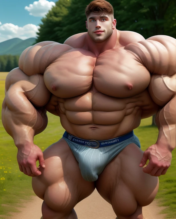 1 man, handsome, giant, buzz haircut, model shoot style, looking at camera, standing up, cool ambiance, outdoor, large dry meadows, strong body, bulk, naked, wear prominent bulge underwear, bulge, big, brutalmass, giant, muscular body, bulk, massive body, large meaty body size, brown skin, huge arms, ballooning meaty chests. Realistic, intricate detail