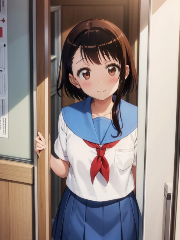 Evening School Classroom、Sailor suit with light blue collar、Wearing a dark blue skirt、red blush、gently smiling、Sepia tone、Brown-eyed、light brown shorthair, Peeking through the classroom door